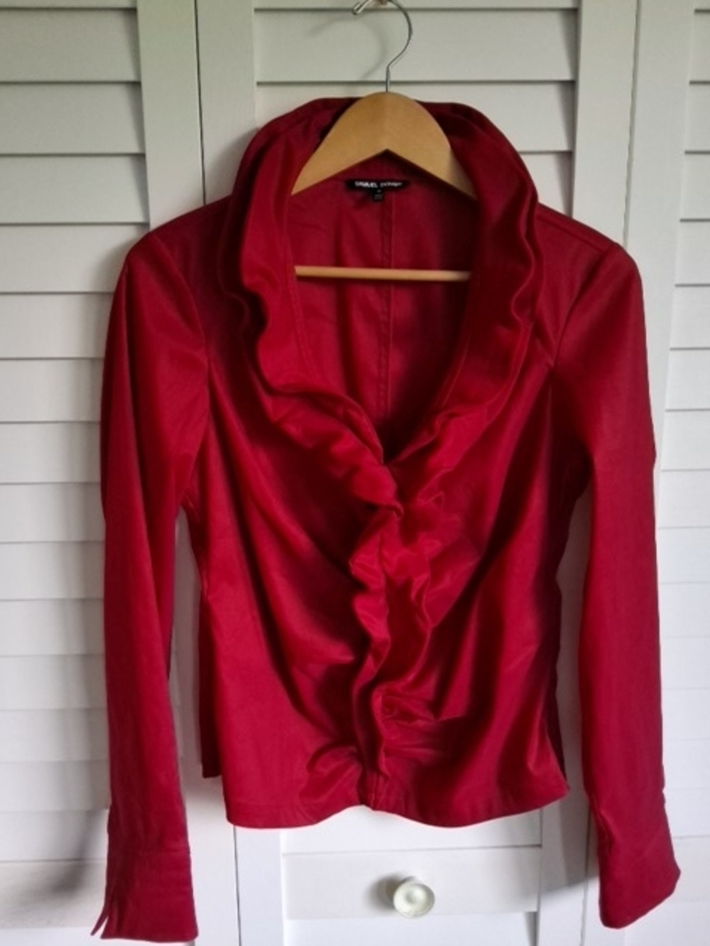 Samuel Dong Red Ruffle-Front Shawl Collar Blouse